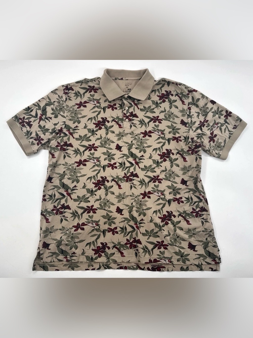 IZOD Golf Men’s Polo Shirt XL Tan Bird Nature Cardinal Short Sleeve Cotton Knit
